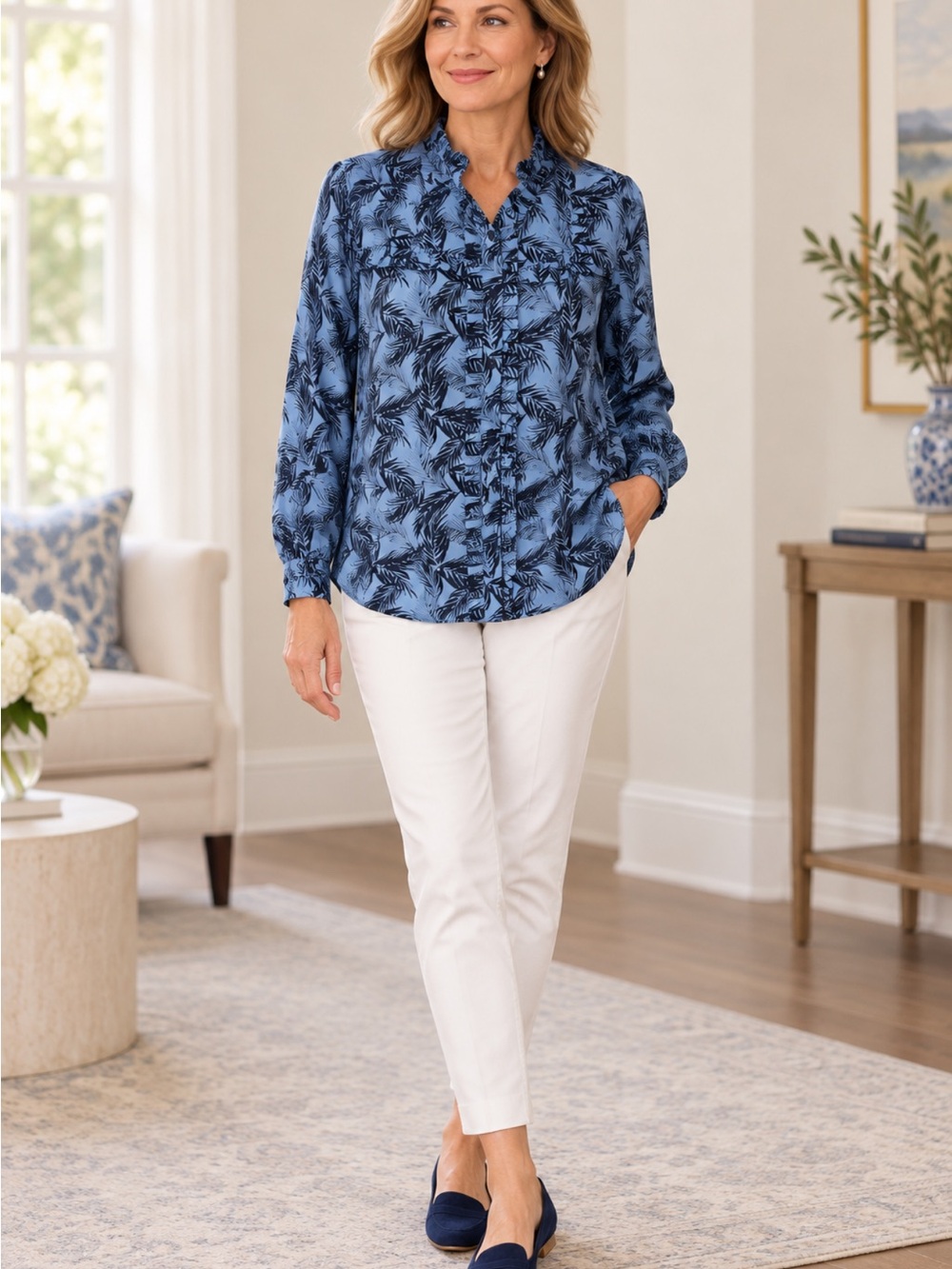See By Chloe Blue Floral Ruffle Blouse